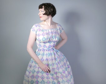 50s semi sheer NYLON dress in white with purple and teal DIAMOND pattern - Mid Century full skirted dress - XS