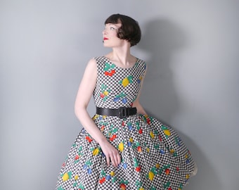 50s handmade FRUIT print NOVELTY dress in black and white check - 1950s Mid Century PICNIC full skirted dress - xs-s