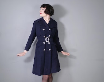 60s 1960s MARINE  blue double breasted BELTED heavy wool trench coat - nautical navy mod overcoat - xs-s