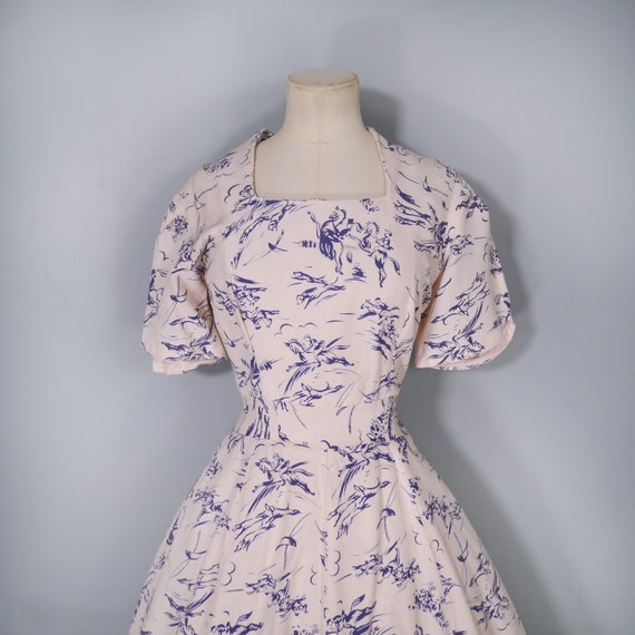 40s handmade dress in cream and navy HORSE RIDER … - image 5