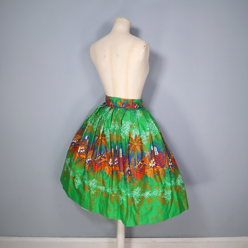 80s does 50s BRIGHT GREEN exotic LEAF print autumnal full swing skirt 28 image 9