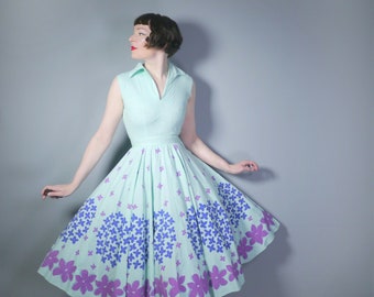 50s MINT green BORDER print floral cotton summer / sun dress - Mid Century full skirted dress - xs