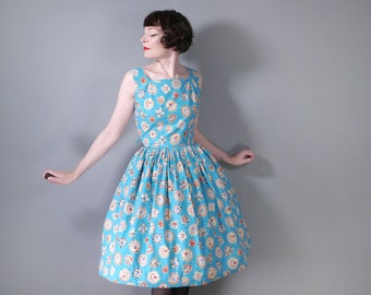 50s turquoise NOVELTY dress with GEM jewel print - Rockabilly Mid Century cotton day dress uk10 / Small