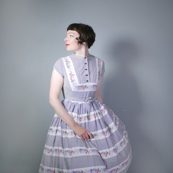 50s black and white STRIPE dress with floral band… - image 2