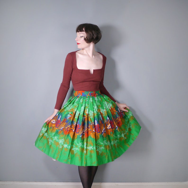 80s does 50s BRIGHT GREEN exotic LEAF print autumnal full swing skirt 28 image 2