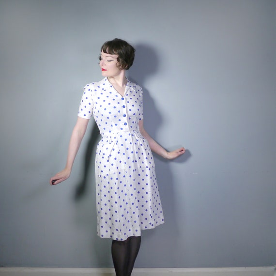 late 40s PEGGY PAGE dress in white with blue POLK… - image 2