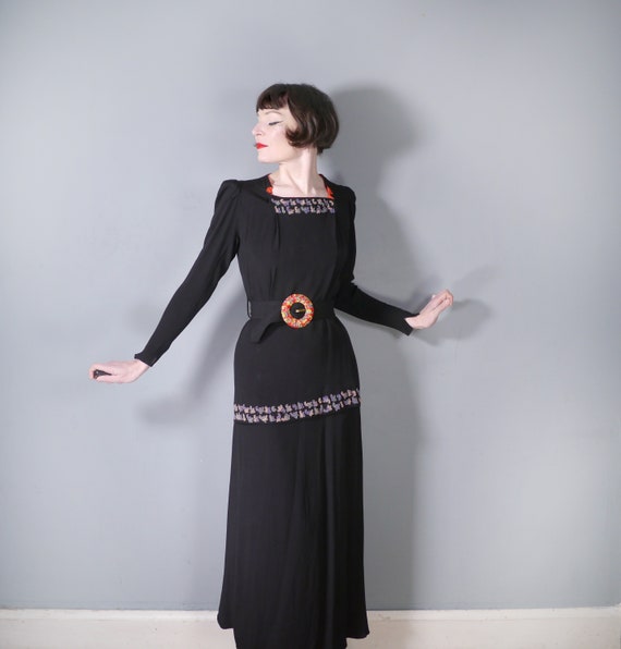 30s 40s BLACK crepe dress with BEADED peplum and … - image 1