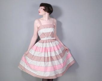 50s PINK, brown and white STRIPED cotton day dress with full skirt, belt and POCKET - s-m