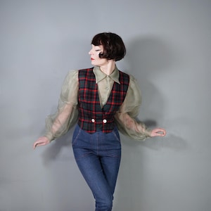 50s 1950s PENDLETON red green and navy wool plaid check ladies waistcoat - M