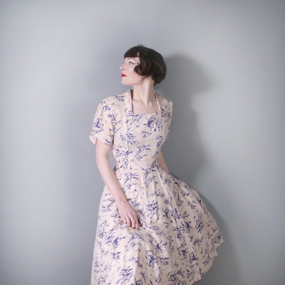 40s handmade dress in cream and navy HORSE RIDER … - image 2