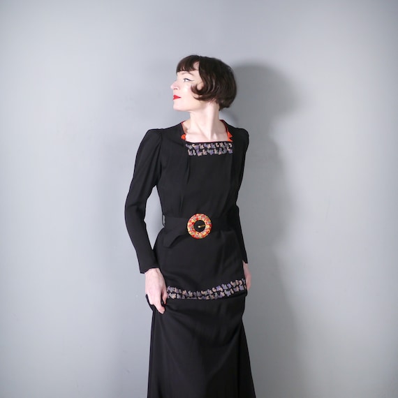 30s 40s BLACK crepe dress with BEADED peplum and … - image 3