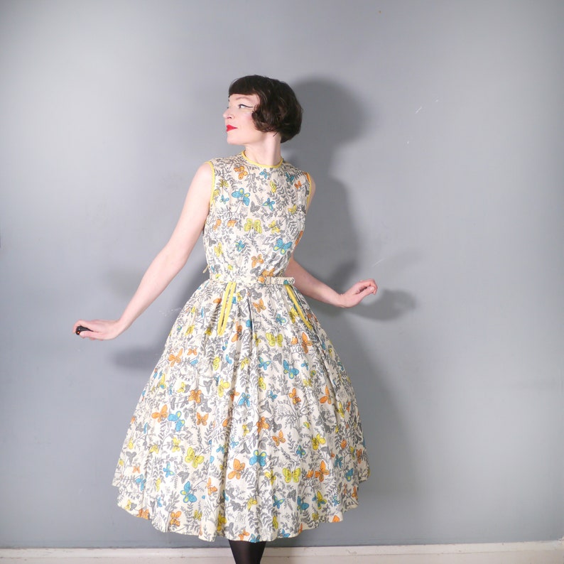 50s BUTTERFLY print dress in with RHINESTONE studs and back buttoning Mid Century NOVELTY full skirted dress S image 3