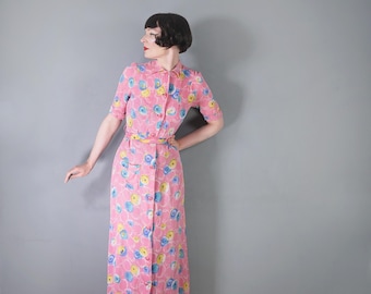 40s 1940s colourful PINK rayon long printed tea dress / house maxi gown with button through front and tie belt - xs-s