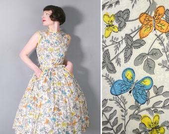 50s BUTTERFLY print dress in with RHINESTONE studs and back buttoning - Mid Century NOVELTY full skirted dress - S