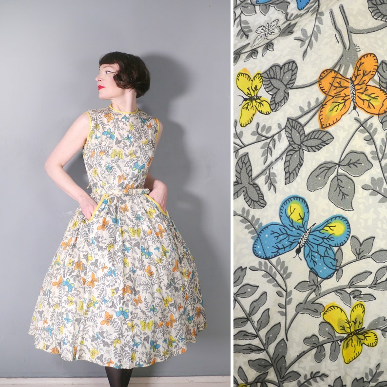 50s BUTTERFLY print dress in with RHINESTONE studs and back buttoning Mid Century NOVELTY full skirted dress S image 1