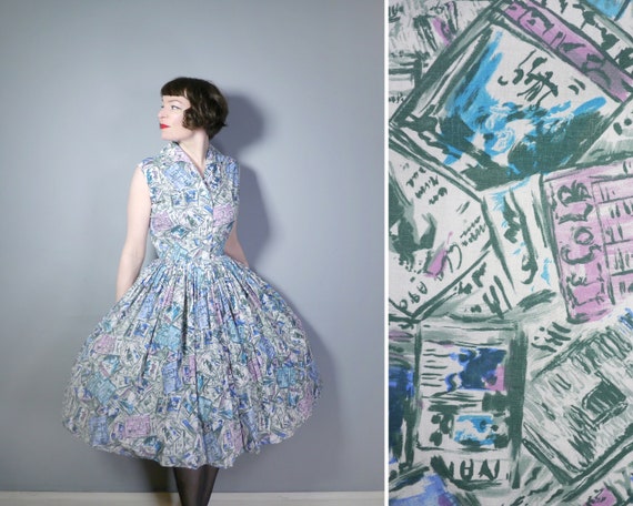 50s NEWSPAPER print dress in soft PASTEL blue, gre