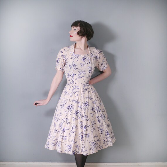 40s handmade dress in cream and navy HORSE RIDER … - image 3