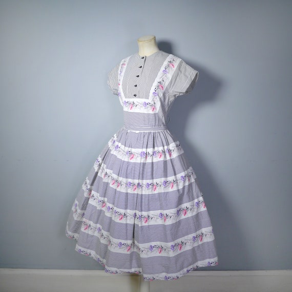 50s black and white STRIPE dress with floral band… - image 8