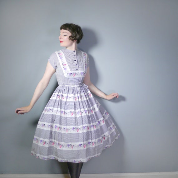 50s black and white STRIPE dress with floral band… - image 1