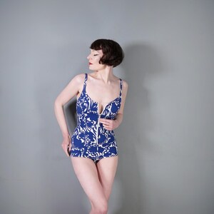 60s 1960s blue white psychedlic FLORAL print ZIP up front swimsuit / bathing suit / swimwear - xs-s