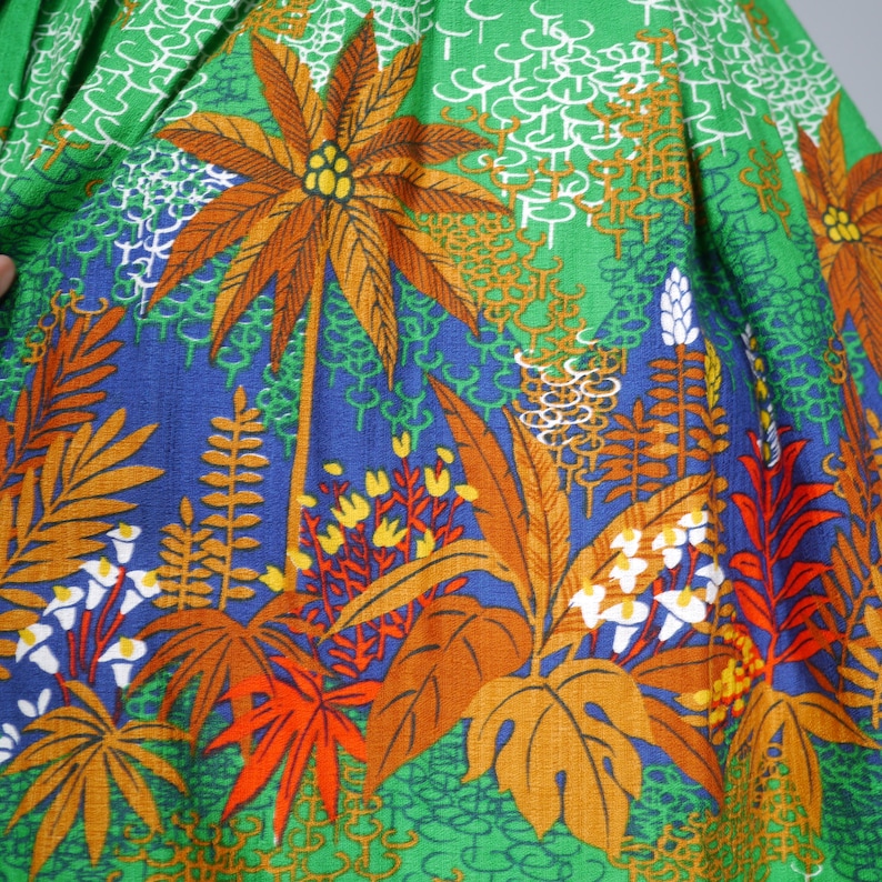 80s does 50s BRIGHT GREEN exotic LEAF print autumnal full swing skirt 28 image 8