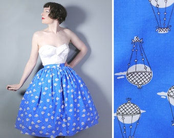 50s BLUE white NOVELTY hot air balloon full skirt with BUTTON detail - whimsical 1950s swing skirt - 25"