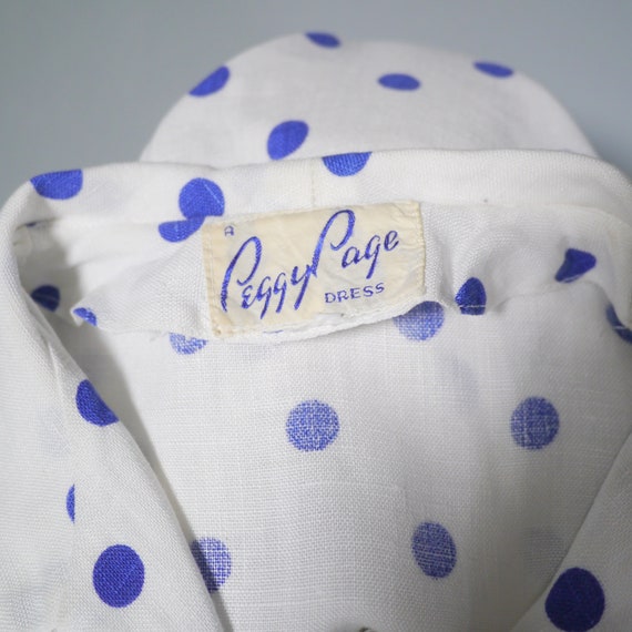 late 40s PEGGY PAGE dress in white with blue POLK… - image 9