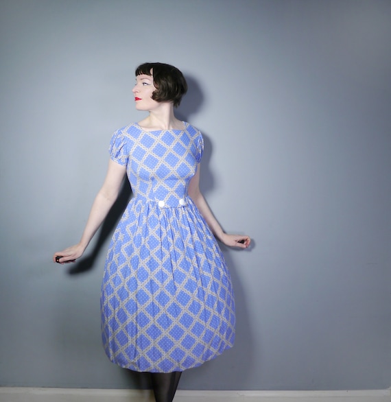 50s blue DAISY and POLKA dot print cotton dress -