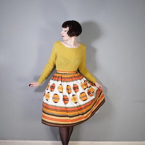 50s / 60s orange STRIPE and BALL pattern NOVELTY bright and colourful cotton full skirt - 1950s cotton swing skirt - 29.5&quot;
