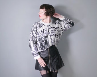 80s NEWSPAPER novelty pattern jumper in black and white JOURNALIST fashion knit - L