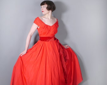 50s formal SUSAN SMALL bold RED evening / party taffeta dress velvet sash and off shoulder halter strap - S