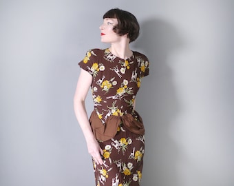 40s NOVELTY dress in brown RAYON with DEER and floral bunch print with lillies of the valley - 1940s art deco dress - S