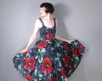 80s does 50s DARK FLORAL grey sun dress with big red flower print - 1980s full circle rockabilly dress - xs-s