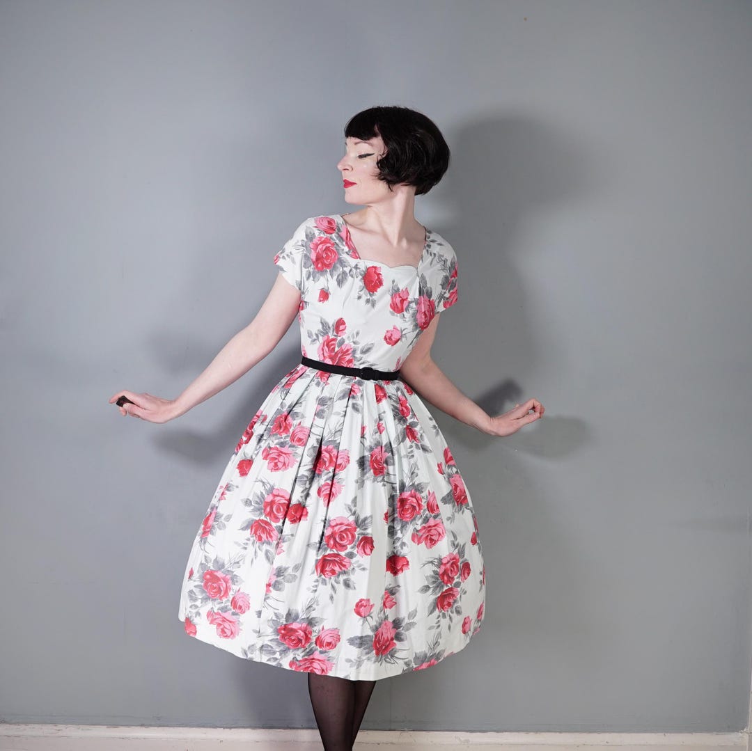 Long Sleeve Vintage Floral Outfit Darlene Vintage Tea Dress In White/Pink  Peony Floral Print