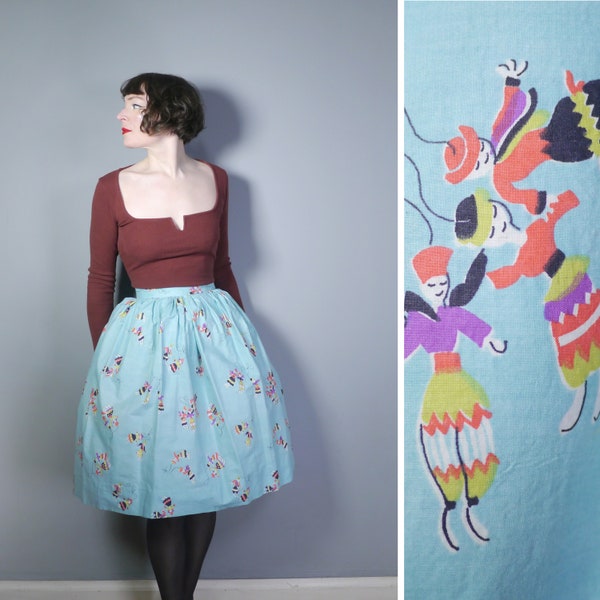 50s pastel blue NOVELTY full skirt with RUSSIAN DOLL print - Handmade 1950s full swing skirt - 26"