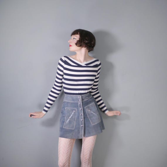 60s Blue-grey Flippy SUEDE Leather Mini Skirt With Popper