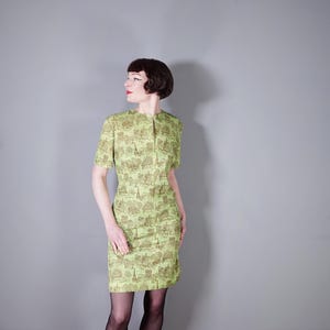 60s 70s handmade PARISIAN PARIS scenes French novelty print lime green shirt dress  - 1960s 1970s spring dress - L-XL / volup