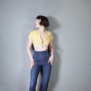 40s 1940s 50s 1950s cropped bright YELLOW tie front BOLERO summer jacket / cropped sun top - xs-s