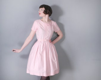 60s St Michael PASTEL PINK barbiecore full skirted cotton day dress with BOW and belt - S