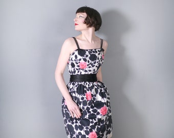 60s Jr FLAIR black, pink and white ROSE floral silhouette print COCKTAIL dress with sash belt - strappy Mid Century  party dress -xs