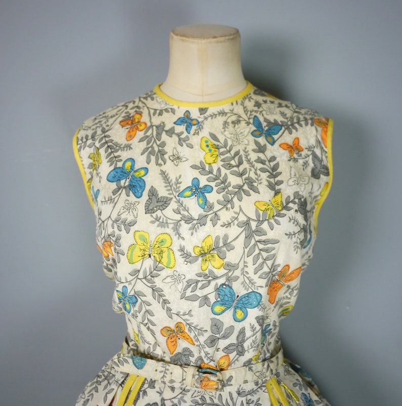 50s BUTTERFLY print dress in with RHINESTONE studs and back buttoning Mid Century NOVELTY full skirted dress S image 8