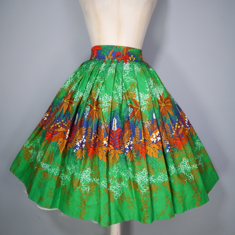 80s does 50s BRIGHT GREEN exotic LEAF print autumnal full swing skirt 28 image 5
