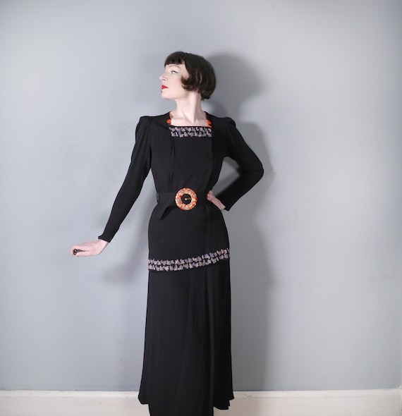 30s 40s BLACK crepe dress with BEADED peplum and … - image 2