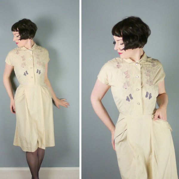 40s lightweight SILK dress with soutache EMBROIDERY and cut out lace detail to the shoulders - 1940s art deco landgirl shirtwaister - uk10