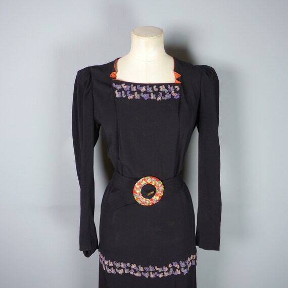 30s 40s BLACK crepe dress with BEADED peplum and … - image 7