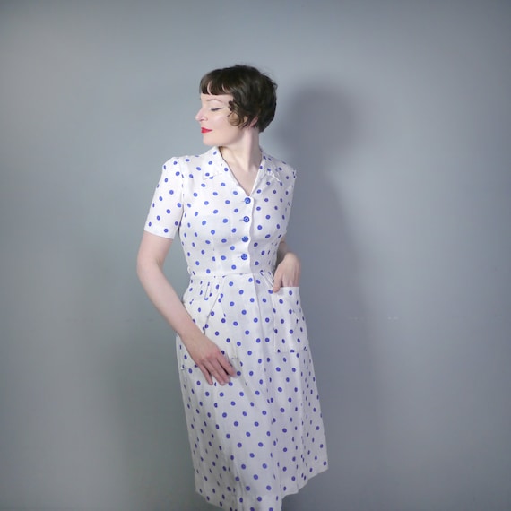 late 40s PEGGY PAGE dress in white with blue POLK… - image 1