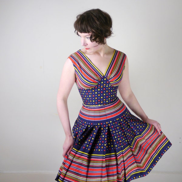 60s 70s COLOURFUL stripe and spot pattern sun dress PLEATED skirt geometric gogo mod op art scooter girl uk8 S