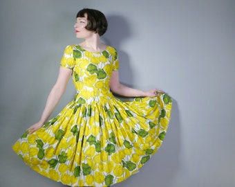 50s YELLOW and green TULIP print floral dress with puff sleeves and full skirt - Mid Century SUMMER dress - S