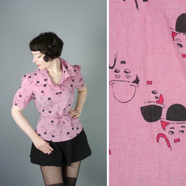 CHARLIE CHAPLIN print 70s shirt in bright pink - vintage NOVELTY print - Film Hollywood Movie theme - retro pop art top blouse - m-l