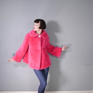 70s TISSAVEL bright shocking Barbie pink FAUX FUR swing jacket - colourful autumn / winter short coat - S-M